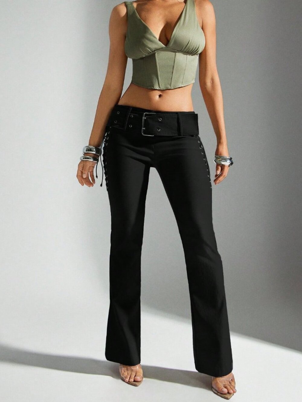 Black Casual Women's Belted Fit & Flare Lace Up Side Mid Rise Pant